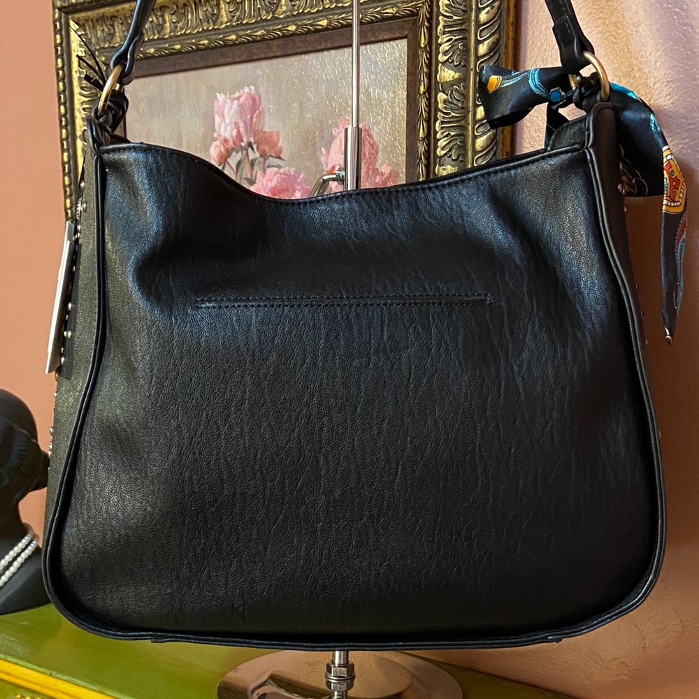 Jessica Simpson NWT Black Faux Leather Shoulder Hobo Bag with Scarf - Picture 7 of 11